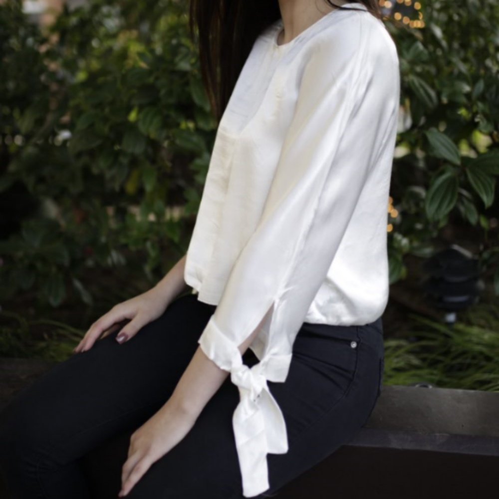 2 LEFT! Shiny 3/4 Length Blouse with Tie Sleeves - Picture 2 of 5